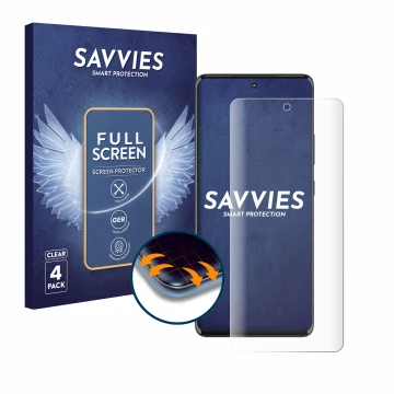 Parte frontal de un envase de producto con el logotipo de la marca Savvies. Al lado se muestra el dispositivo Motorola Edge 30