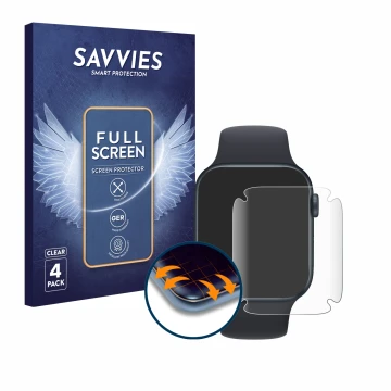Parte frontal de un envase de producto con el logotipo de la marca Savvies. Al lado se muestra el dispositivo Apple Watch SE 2