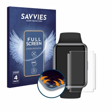 Parte frontal de un envase de producto con el logotipo de la marca Savvies. Al lado se muestra el dispositivo Huawei Watch Fit