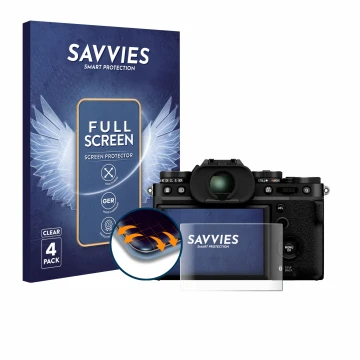 Parte frontal de un envase de producto con el logotipo de la marca Savvies. Al lado se muestra el dispositivo Fujifilm X-T5 co