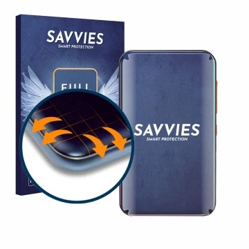 Parte frontal de un envase de producto con el logotipo de la marca Savvies. Al lado se muestra el dispositivo Timmkoo Q3E con 