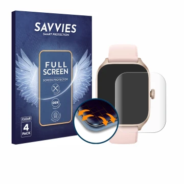 Parte frontal de un envase de producto con el logotipo de la marca Savvies. Al lado se muestra el dispositivo Huami Amazfit GT