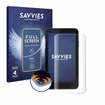 Parte frontal de un envase de producto con el logotipo de la marca Savvies. Al lado se muestra el dispositivo Zettle Terminal 