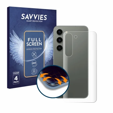 Parte frontal de un envase de producto con el logotipo de la marca Savvies. Al lado se muestra el dispositivo Samsung Galaxy S