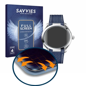 Parte frontal de un envase de producto con el logotipo de la marca Savvies. Al lado se muestra el dispositivo Omega Seamaster 