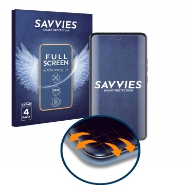 Parte frontal de un envase de producto con el logotipo de la marca Savvies. Al lado se muestra el dispositivo Motorola ThinkPh