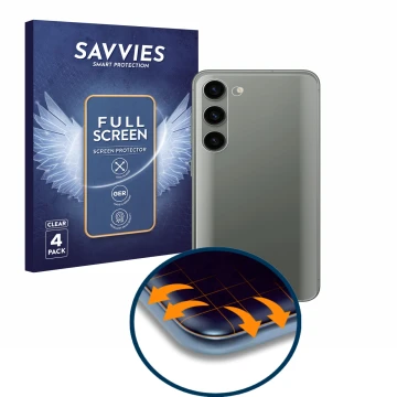 Parte frontal de un envase de producto con el logotipo de la marca Savvies. Al lado se muestra el dispositivo Samsung Galaxy S