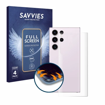 Parte frontal de un envase de producto con el logotipo de la marca Savvies. Al lado se muestra el dispositivo Samsung Galaxy S