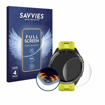 Parte frontal de un envase de producto con el logotipo de la marca Savvies. Al lado se muestra el dispositivo Garmin Forerunne