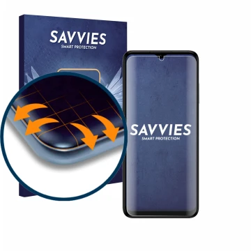 Parte frontal de un envase de producto con el logotipo de la marca Savvies. Al lado se muestra el dispositivo Nokia G22 con su
