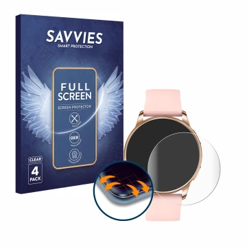 Parte frontal de un envase de producto con el logotipo de la marca Savvies. Al lado se muestra el dispositivo Levowatch F2 con