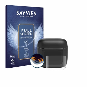 Parte frontal de un envase de producto con el logotipo de la marca Savvies. Al lado se muestra el dispositivo JBL Tour Pro 2 c