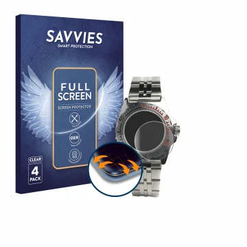 Parte frontal de un envase de producto con el logotipo de la marca Savvies. Al lado se muestra el dispositivo Vostok Amphibian