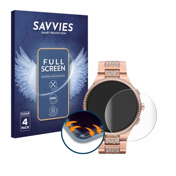 Parte frontal de un envase de producto con el logotipo de la marca Savvies. Al lado se muestra el dispositivo Michael Kors Cam