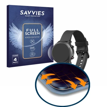 Parte frontal de un envase de producto con el logotipo de la marca Savvies. Al lado se muestra el dispositivo Doro Watch con s