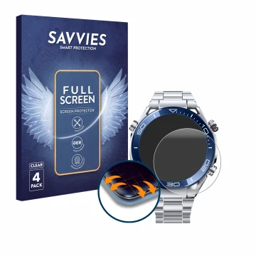 Parte frontal de un envase de producto con el logotipo de la marca Savvies. Al lado se muestra el dispositivo Huawei Watch Ult