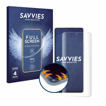 Parte frontal de un envase de producto con el logotipo de la marca Savvies. Al lado se muestra el dispositivo Xiaomi Redmi Not