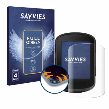 Parte frontal de un envase de producto con el logotipo de la marca Savvies. Al lado se muestra el dispositivo Garmin Edge 840 