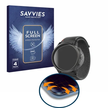Parte frontal de un envase de producto con el logotipo de la marca Savvies. Al lado se muestra el dispositivo Coros Apex 2 con