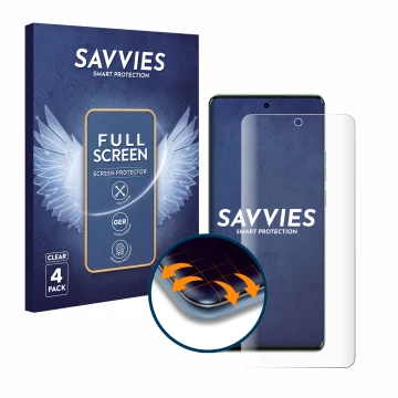 Parte frontal de un envase de producto con el logotipo de la marca Savvies. Al lado se muestra el dispositivo Motorola Edge 40
