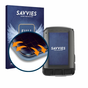 Parte frontal de un envase de producto con el logotipo de la marca Savvies. Al lado se muestra el dispositivo Wahoo Elemnt Roa
