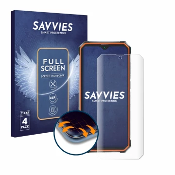 Parte frontal de un envase de producto con el logotipo de la marca Savvies. Al lado se muestra el dispositivo Blackview BV9200