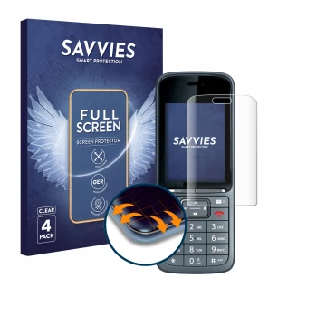 Parte frontal de un envase de producto con el logotipo de la marca Savvies. Al lado se muestra el dispositivo Gigaset SL800H P