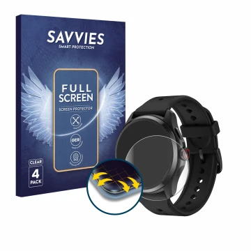 Parte frontal de un envase de producto con el logotipo de la marca Savvies. Al lado se muestra el dispositivo Mobvoi TicWatch 
