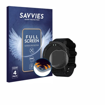 Parte frontal de un envase de producto con el logotipo de la marca Savvies. Al lado se muestra el dispositivo Suunto Core Alph
