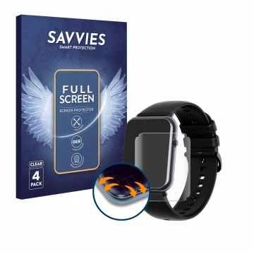 Parte frontal de un envase de producto con el logotipo de la marca Savvies. Al lado se muestra el dispositivo Mutoy Smartwatch