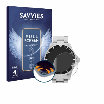 Parte frontal de un envase de producto con el logotipo de la marca Savvies. Al lado se muestra el dispositivo Rolex Submariner