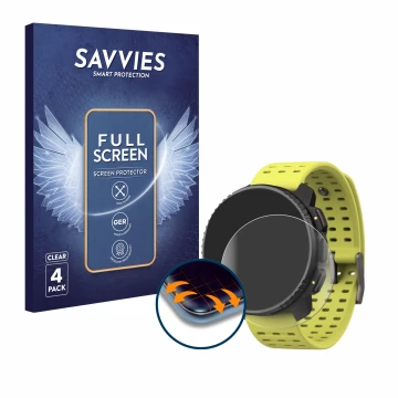 Parte frontal de un envase de producto con el logotipo de la marca Savvies. Al lado se muestra el dispositivo Suunto Vertical 