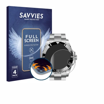 Parte frontal de un envase de producto con el logotipo de la marca Savvies. Al lado se muestra el dispositivo Rolex Submariner