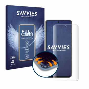 Parte frontal de un envase de producto con el logotipo de la marca Savvies. Al lado se muestra el dispositivo Oppo Reno 10 con