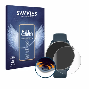 Parte frontal de un envase de producto con el logotipo de la marca Savvies. Al lado se muestra el dispositivo Huami Amazfit GT