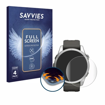 Parte frontal de un envase de producto con el logotipo de la marca Savvies. Al lado se muestra el dispositivo Garmin Fenix 7S 