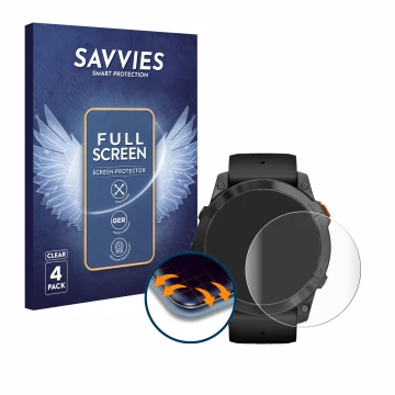 Parte frontal de un envase de producto con el logotipo de la marca Savvies. Al lado se muestra el dispositivo Garmin Fenix 7X 