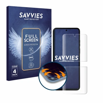Parte frontal de un envase de producto con el logotipo de la marca Savvies. Al lado se muestra el dispositivo Motorola Razr 40