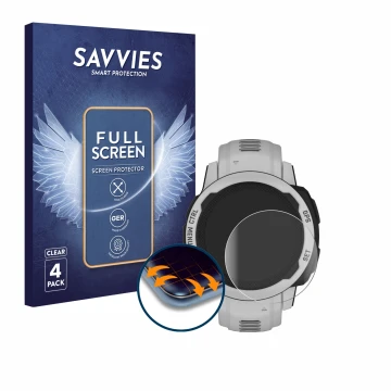 Parte frontal de un envase de producto con el logotipo de la marca Savvies. Al lado se muestra el dispositivo Garmin Instinct 