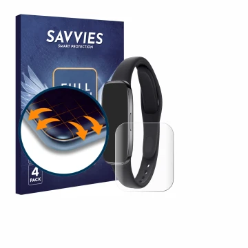 Parte frontal de un envase de producto con el logotipo de la marca Savvies. Al lado se muestra el dispositivo Xiaomi Redmi Wat
