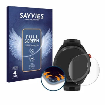 Parte frontal de un envase de producto con el logotipo de la marca Savvies. Al lado se muestra el dispositivo Garmin Approach 