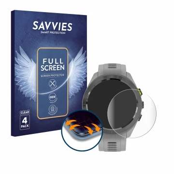 Parte frontal de un envase de producto con el logotipo de la marca Savvies. Al lado se muestra el dispositivo Garmin Approach 