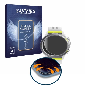 Parte frontal de un envase de producto con el logotipo de la marca Savvies. Al lado se muestra el dispositivo Huami Amazfit Ch