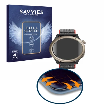 Parte frontal de un envase de producto con el logotipo de la marca Savvies. Al lado se muestra el dispositivo Huami Amazfit Ch