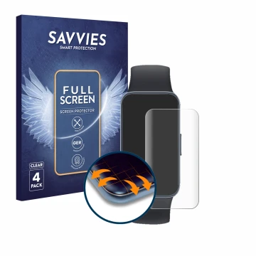 Parte frontal de un envase de producto con el logotipo de la marca Savvies. Al lado se muestra el dispositivo Huawei Band 8 co
