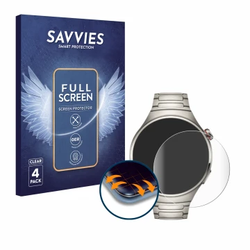 Parte frontal de un envase de producto con el logotipo de la marca Savvies. Al lado se muestra el dispositivo Huawei Watch 4 P