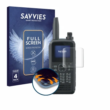 Parte frontal de un envase de producto con el logotipo de la marca Savvies. Al lado se muestra el dispositivo Kenwood TH-D75E 