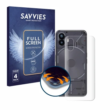 Parte frontal de un envase de producto con el logotipo de la marca Savvies. Al lado se muestra el dispositivo Nothing Phone (2