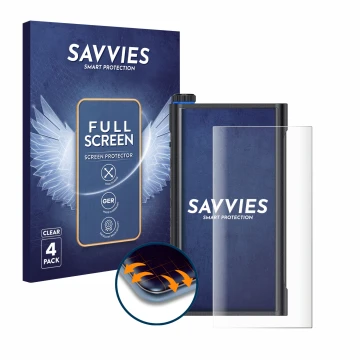 Parte frontal de un envase de producto con el logotipo de la marca Savvies. Al lado se muestra el dispositivo FiiO M15s con su