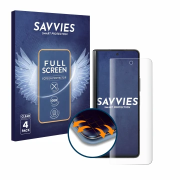 Parte frontal de un envase de producto con el logotipo de la marca Savvies. Al lado se muestra el dispositivo Samsung Galaxy Z